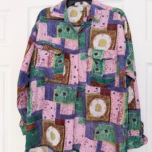 Vintage Silk Shirt Abstract Whimsical Print Sz M Stunt Collections